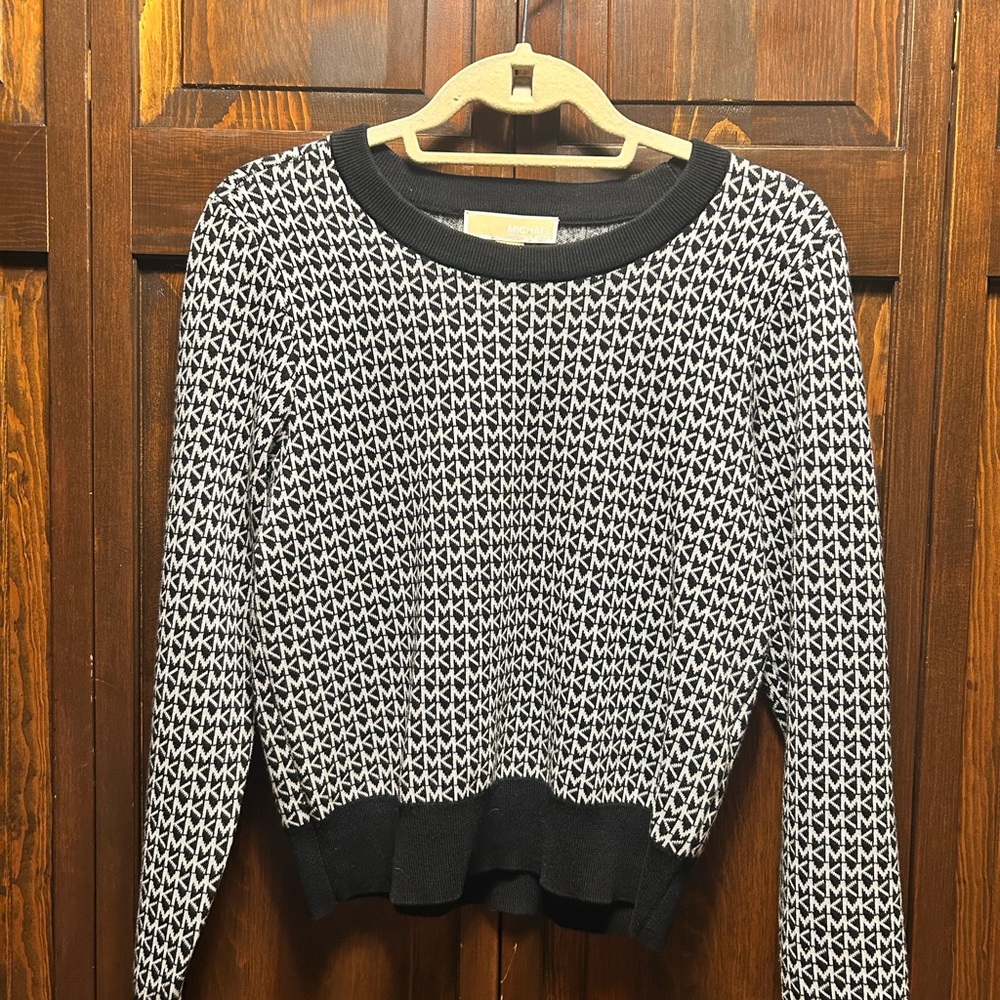 Michael Kors Black and White Crew Neck Sweater with Geometric Pattern